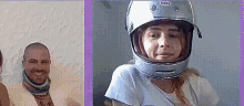 a woman wearing a bell helmet is smiling next to a man