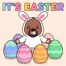 a cartoon of a bear dressed as a bunny surrounded by easter eggs