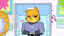 a cartoon cat is wearing a purple shirt that says $sugr