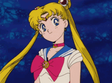 a sailor moon cartoon character with a pink bow around her neck