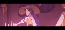 a girl with long purple hair is wearing a hat