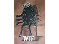 a drawing of a monster with a skull on its head and the words wtf below it
