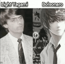 a black and white photo of a man in a suit and tie next to a picture of a man in a suit and tie .