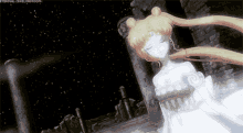 a woman in a white dress stands in front of a starry sky with the words " eternal sailormoon " on the bottom