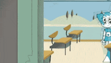 a cartoon of a robot standing in a classroom with desks and chairs