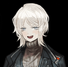 a girl with white hair is wearing a black jacket and a sweater
