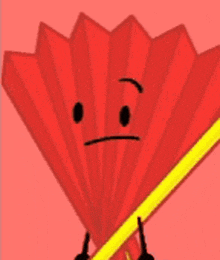 a red fan with a sad face and a yellow stick