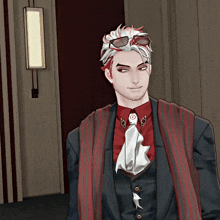 a man with white hair and red eyes is wearing sunglasses and a red shirt