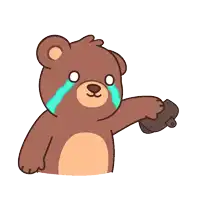 a brown teddy bear is crying and holding a purse
