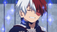 a young boy with red and white hair is smiling and says hey there