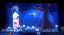 a pixel art drawing of a tree and a tower with the letter b on it