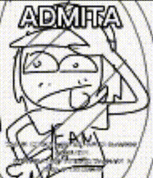 a black and white drawing of a man with the word admita on it