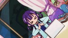 a girl with purple hair is writing in a notebook with a pen