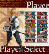 a player select screen with a man with a sword