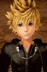 a close up of a cartoon character with blonde hair and blue eyes wearing a black jacket .