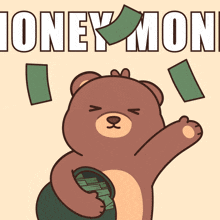 a teddy bear is holding a bucket of money and the words oney mone are above it