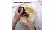 a person is adding melted chocolate to a bowl of batter with a whisk .