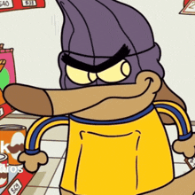 a cartoon character wearing a purple hat and a yellow shirt is standing in front of a sign that says $ 38