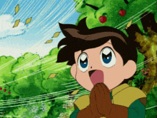 a cartoon character with a surprised look on his face and a tree in the background