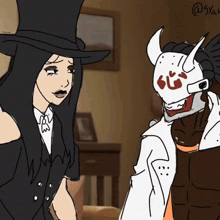 a drawing of a woman in a top hat talking to a man in a white mask with horns