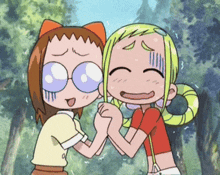 two cartoon girls are holding hands and one is wearing sunglasses