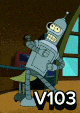 bender from futurama is standing in front of a window with the number 103 on the bottom