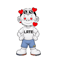 a cartoon character wearing sunglasses and a white shirt that says late