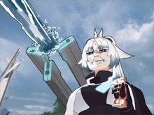 a cartoon drawing of a girl holding a sword with the letter h on it