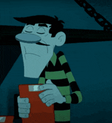 a cartoon character in a green and black striped shirt holds an orange clipboard
