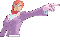 a cartoon drawing of a woman in a purple jacket pointing