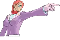 a cartoon drawing of a woman in a purple jacket pointing