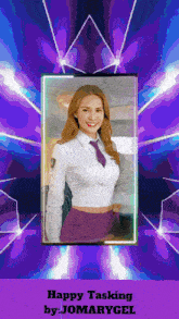 a picture of a woman with the words happy tasking by jomarygel at the bottom