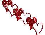a row of red hearts with glitter on a white background