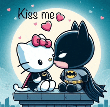 a cartoon of hello kitty and batman kissing with the words " kiss me " above them