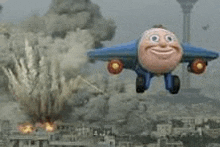 a toy airplane with a face on it is flying in the air .