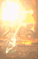 a guitar stands in front of a sign that says 2025