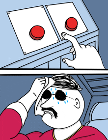 a cartoon of a man with a mustache pressing a button