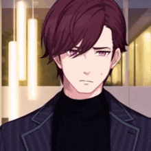 a man with purple hair and a black turtleneck is wearing a suit and a black turtleneck .