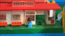 a toy train station with a red roof and a sign that says kiosk