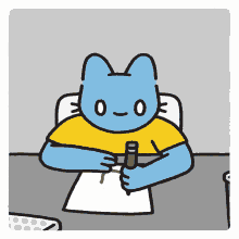 a blue cat is writing on a piece of paper with a pen