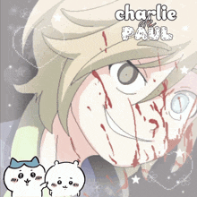 a drawing of charlie paul with blood coming out of his mouth