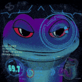 a purple and blue cartoon character with a screen that says 69.7
