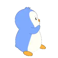 a blue and white penguin with orange feet