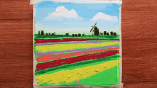 a painting of a windmill and a field of flowers