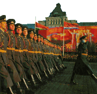 a group of soldiers marching in front of a banner that says ' a ' on it