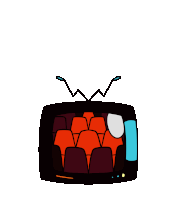 a cartoon character with blue hair is holding a tv with red seats