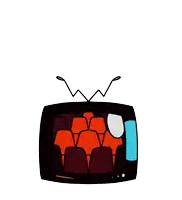 a cartoon character with blue hair is holding a tv with red seats