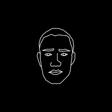 a black and white drawing of a man 's face with a red line coming out of his eye .