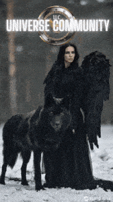 a woman with wings standing next to a black wolf with the words universe community on the bottom