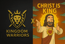 a poster for kingdom warriors with a cartoon of jesus